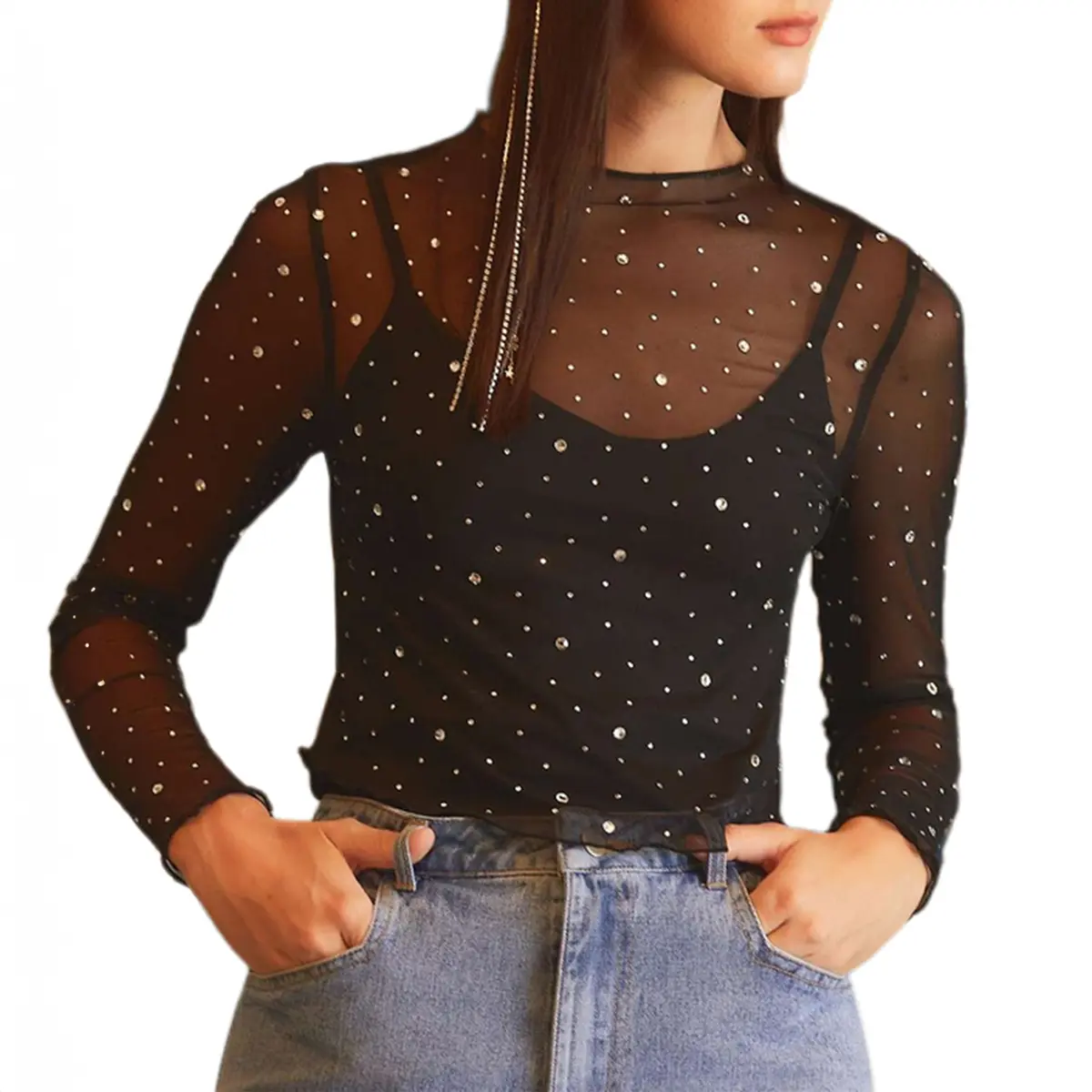 Women's Black Rhinestone Sheer Mesh Slim Fit Long Sleeve Top for Shirts - Womenswear,Winteroutfit