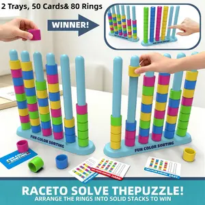 Color Stack Challenge Game, Stacking Tower Game, STEM Color Sorting Stacking Puzzle Toy for Kids Ages 3-8, with 2 Stacking Trays, 50 Double-Sided Challenge Cards& 80 Rings, Educational Brain Teaser Activity, Indoor Outdoor Party Play Gift for Boys Girls
