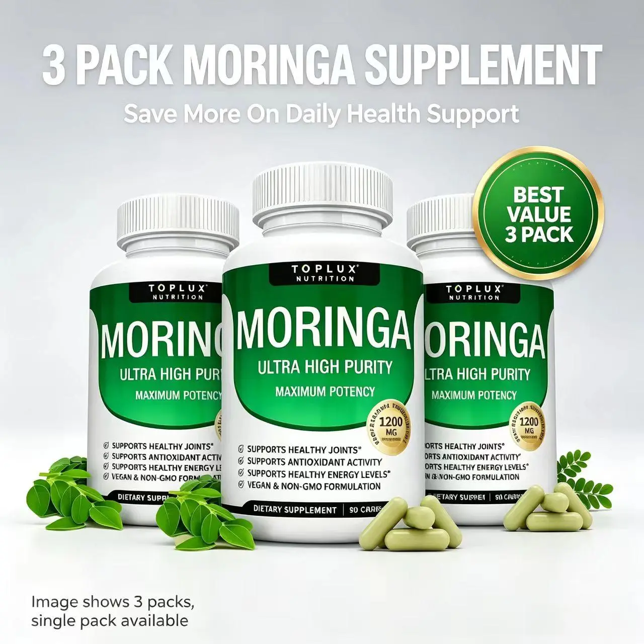 【3 pack】Toplux Moringa Capsules 1200mg - Pure Moringa Powder for Immune, Gut health 90 Capsules