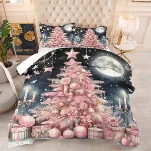 2/3 Piece Christmas Series Printed Comforter Set, Christmas Gift, Pink Christmas Tree,Starry Night Sky，Flowers Gift Box Pattern Bedding Set, Christmas Decoration Simple, Fashionable, Soft and Comfortable, Including 1 Quilt and 1/2 Pillowcase