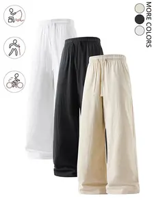 summervibes3-pack pure cotton pants with a linen feel—street-style drawstring athletic pants that are comfortable, breathable, loose, and versatile for travel and casual wear; suitable for everyday wear and parties.