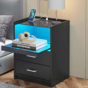 Sikaic LED Nightstand with 2 Storage Drawers Black Bedside Cabinet Lighted Vanity Table Modern Minimalist Design with RGB Lighting & Charging Station for Bedroom & Living Room