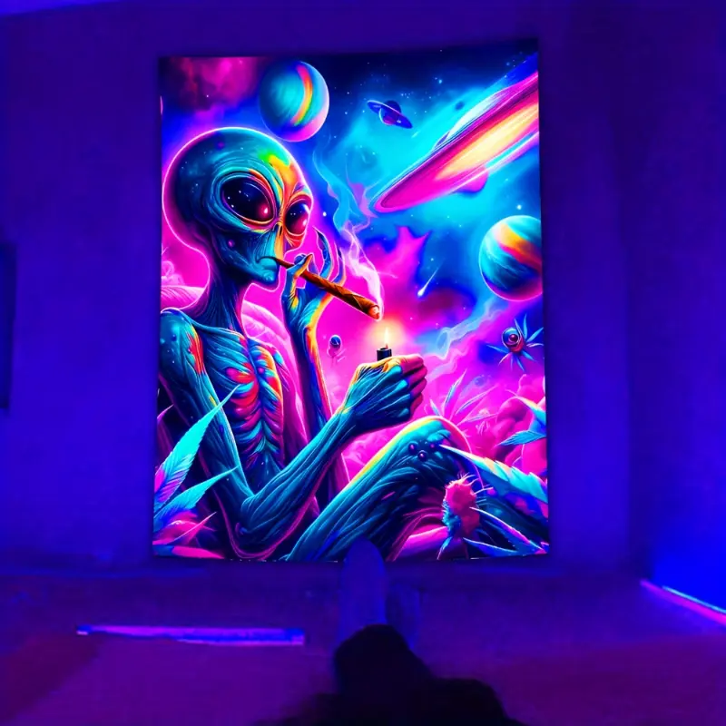 [Artistic Flair] Space Alien Theme Large Patterned Velvet Synthetic Peach Skin Fabric Hangable Tapestry - Indoor Wall Hanging, Ideal for Bedroom Decor, with Free Accessory