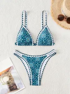 Women's Two-Piece Picot Trim Bikini Set 2025 Slim Fit Sexy Adjustable Straps Triangle Push Up Swim Bra & Unique Ethnic Print Swim Bottom Summer Beach Holiday Vacation Swimsuit Ladies Swimwear Bikinis (XS-XL)