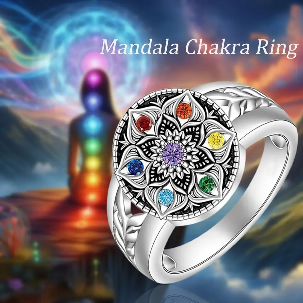 Women's Mandala Chakra Alt Fashion Ring - Artificial Crystal 7 Chakra Balance Jewelry, Spiritual Rebirth Healing Meditation Accessory Gift for Yoga Lovers, Alt Fashion Rings, Adjustable Wearable Rings