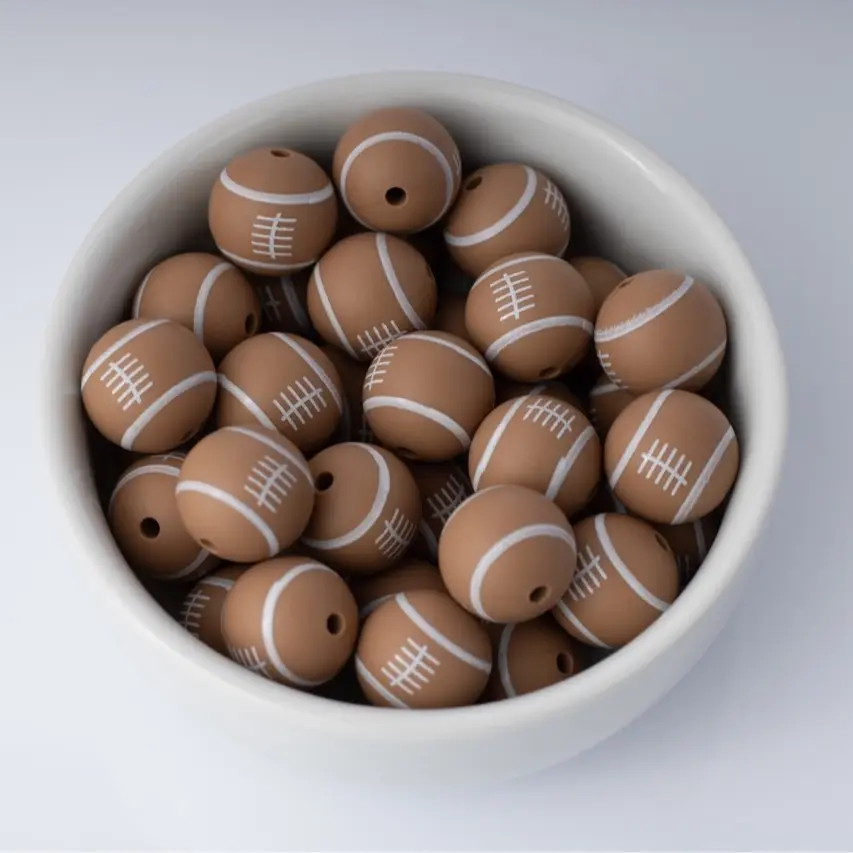 Brown American Football Silicone Beads Printed Round Silicone Beads
