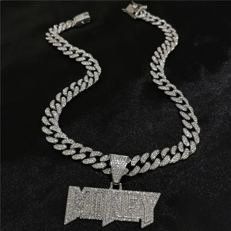 Men's Euro-American Hip-Hop MONEY Letter Initial Pendant Cuban Link Necklace - Trendy Rap Wear Costume Jewelry, High-Density Logo Chain, Diamond Initials Necklace, Diamond Initials Necklaces