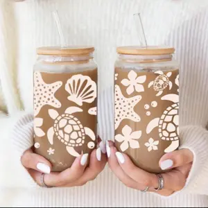 Seashell and Turtle Design Glass Tumbler cup with bamboo lid and glass Straw - Reusable Drinkware for Everyday Use