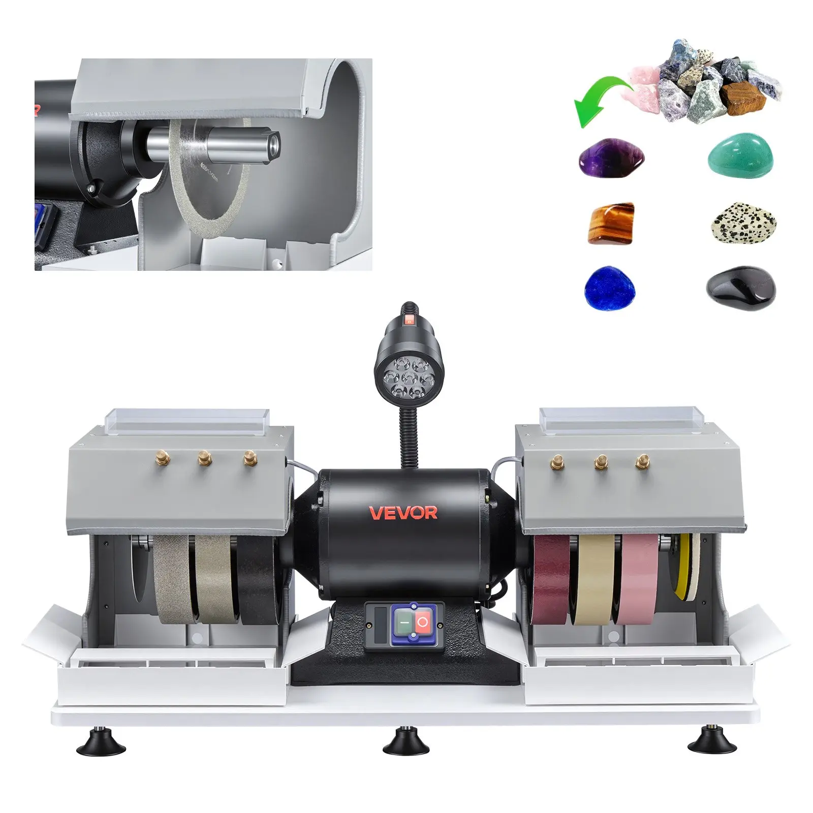 VEVOR Lapidary Cabbing Machine VV-JH-8P, 3/4 HP 550W 1800 RPM 8 Inch Diamond & Resin Wheels, LED Lamp, Water System, 29.2x13.4x13.0 in 79 lbs/35.9 kg Lapidary Equipment for Stone Processing, Indoor Use Gem Enthusiasts, 550 W