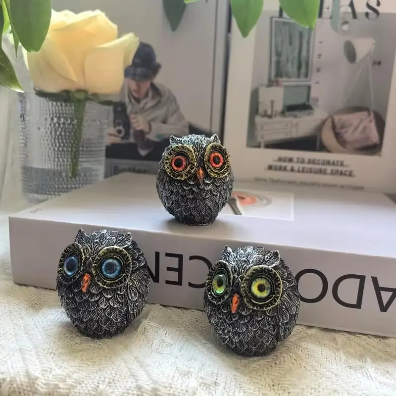 3-Pack Lucky Mini Owl Statues, Realistic Wisdom Guardian Owls, Feathers, Eyes & Beak, Resin Material, Christmas Decorations