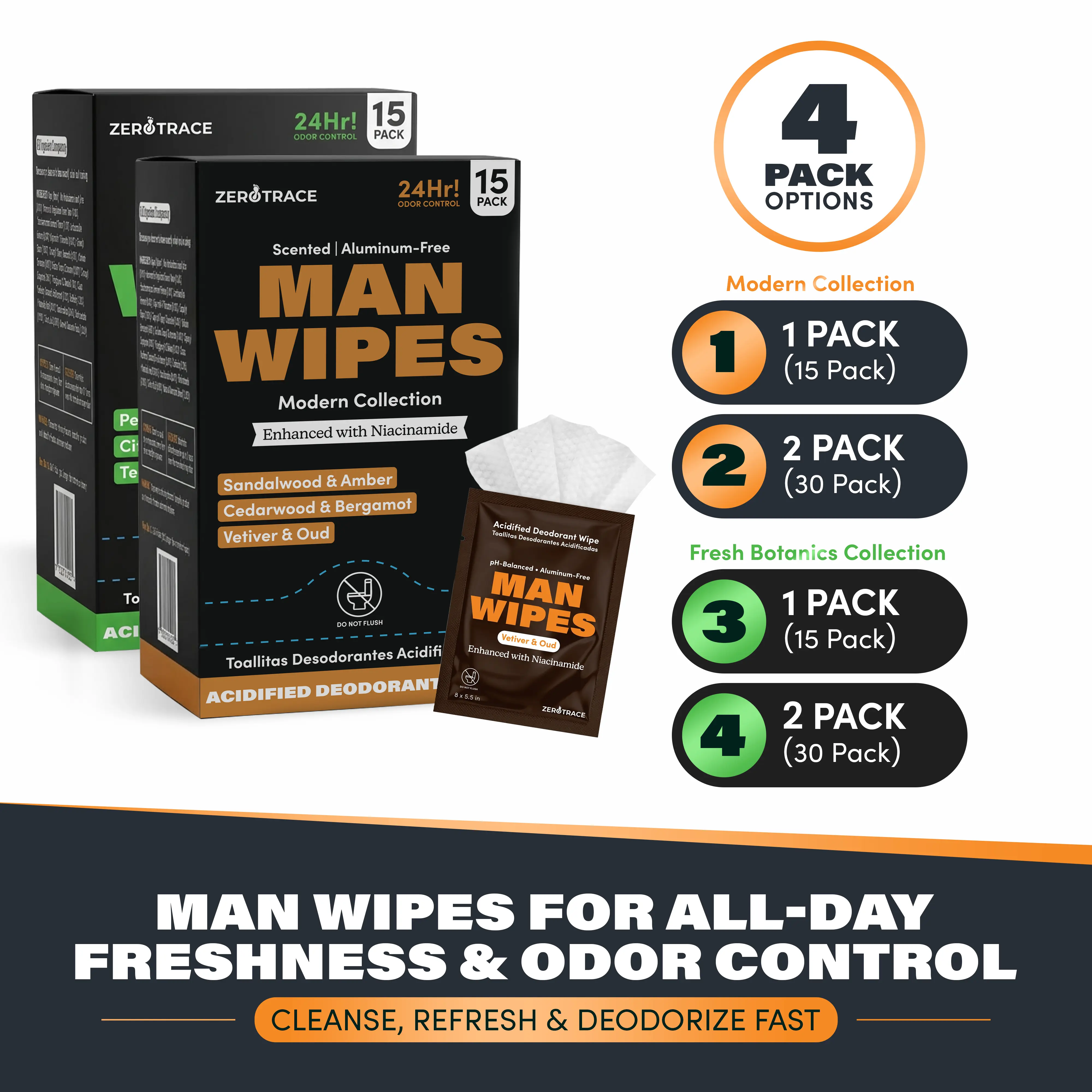 Zero Trace Travel Deodorant Wipes for Men, 15 Individually Wrapped Underarm & Body Wipes, Modern Scent Collection with Sandalwood & Amber, Cedarwood & Bergamot, Vetiver & Oud