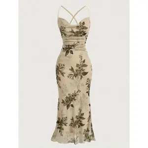 Floral Print Crisscross Cami Dress, Elegant Sleeveless Spaghetti Strap Dress For Spring & Summer, Women's Clothing