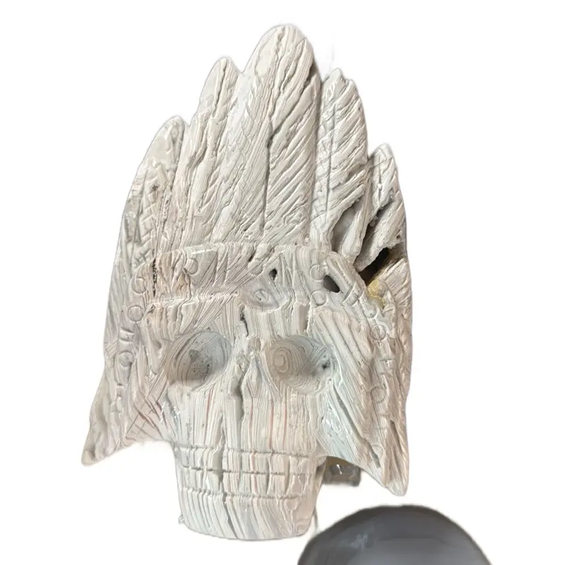 White Mexican Lace Agate Crystal Stone - Unique Design with Feather Motif and Skull Shape