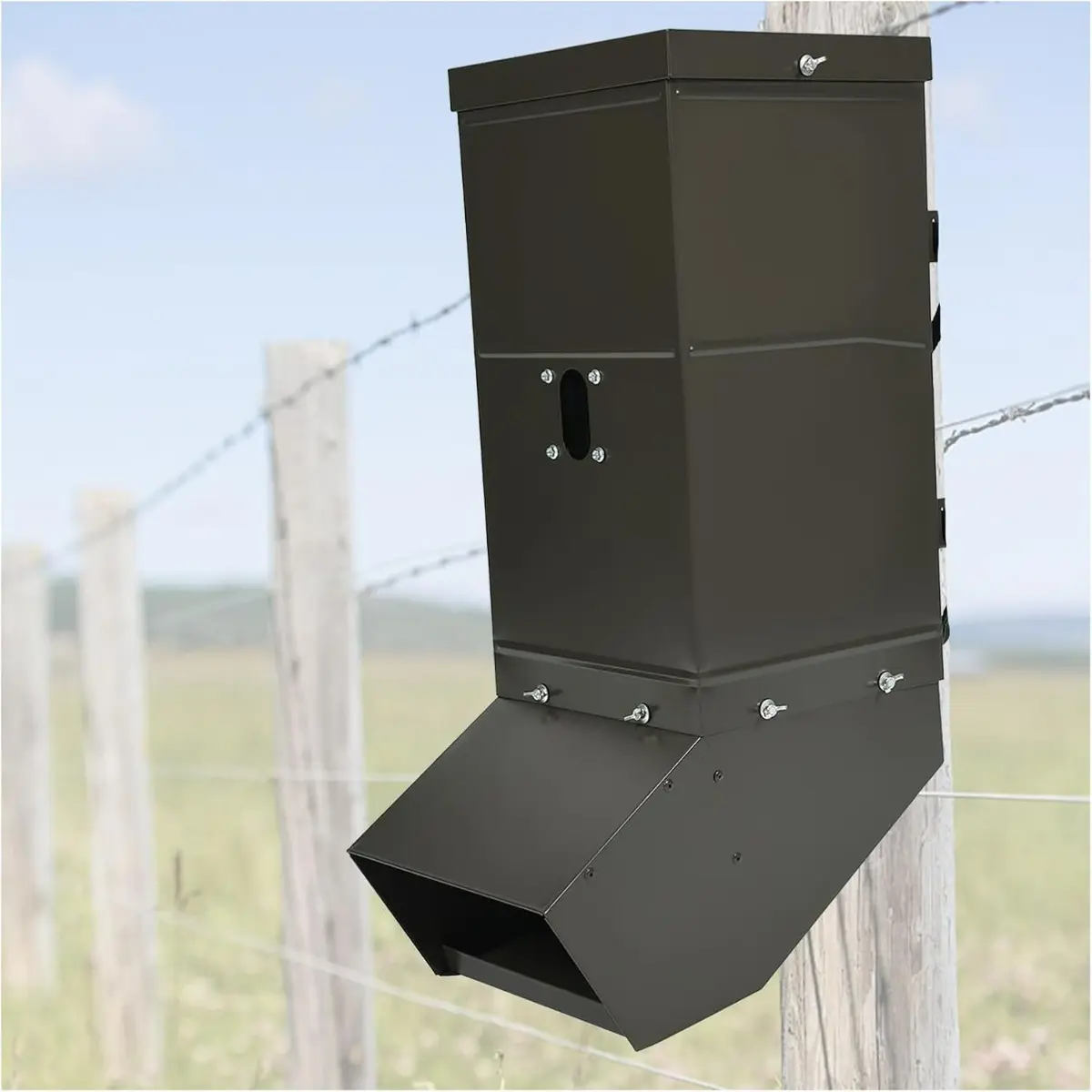 Livestock Feeder with Waterproof Cover and Mounting Straps, Hanging Deer Gravity Feeder, Steel Black-TK