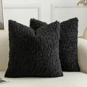 Pack of 2 Curly Teddy Wool Faux Fur Throw Pillow Covers Fuzzy Soft Pillowcases Sheepskin Fleece Decorative Cushion Case for Sofa Couch Living Room 16x16 Inch Black
