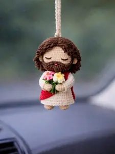 Handmade Crochet Jesus Car Hanging, Religious Rearview Mirror Charm