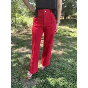 Red High Rise Wide Leg Ankle Pants