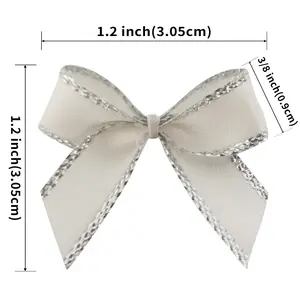 50pcs Silver Color Edge Ribbon Bow, Handmade Needle Sewn DIY Decoration Bows, 1.2 Inch Craft Supplies for Projects