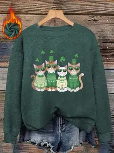 Women's St Patrick's Day Cute Cat Sweater, Fitted Round Neck Mock Wool Top, Casual Fall & Winter Pullover, Graphic Style, Animal