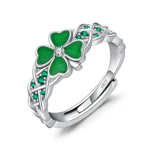Thanches 925 Sterling Silver Four Leaf Clover Ring Adjustable Celtic Shamrock Jewelry Emerald Heart St. Patrick's Day Irish Gift Lucky Gift for Women
