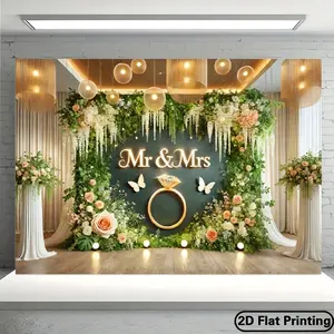 Mr and Mrs Wedding Backdrop Floral Love Backdrop Elegant Marriage Background Cloth Wedding Tapestry Wall Hanging Photography Background Polyester Fiber Ceremony Party Studio Home Outdoor Event Decor Studio Prop Wall Art