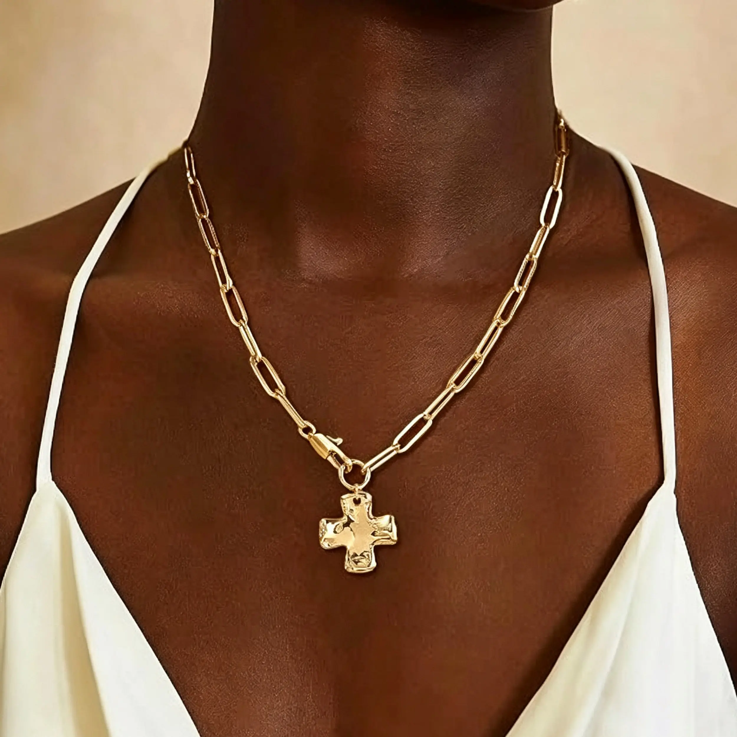 Women's Chunky Cross Necklace - Classic Gold Chain & Link Jewelry, Hammered Statement Pendant with Vintage Toggle Clasp, Casual Christmas Day Gift for Her, Classic Gold Necklaces, 18.2 Inches, Anniversary, Long