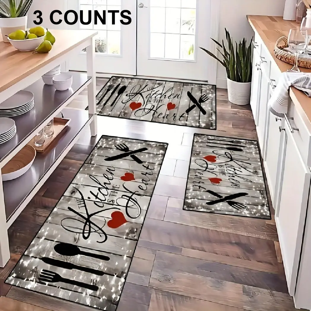 3-Piece Farmhouse Heart Kitchen Mat Set, Soft Non-Slip Rugs, Kitchen Area Rug, Kitchen Runner Rug, Decorative Rugs, Rug Sets, Indoor Area Rugs, Country Style Home Decor, Valentine's Day Gift, Living Space Decoration Valentine' s Day Valentino Decor Gift