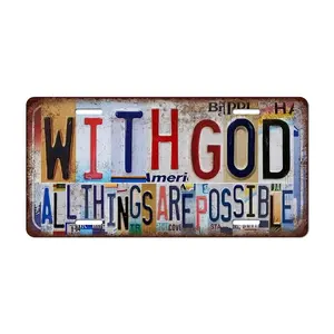 Vintage Inspirational Wall Decor With God All Things Are Possible License Plate Christian Metal Sign Tin Signs Poste 12*6in(30*15cm)