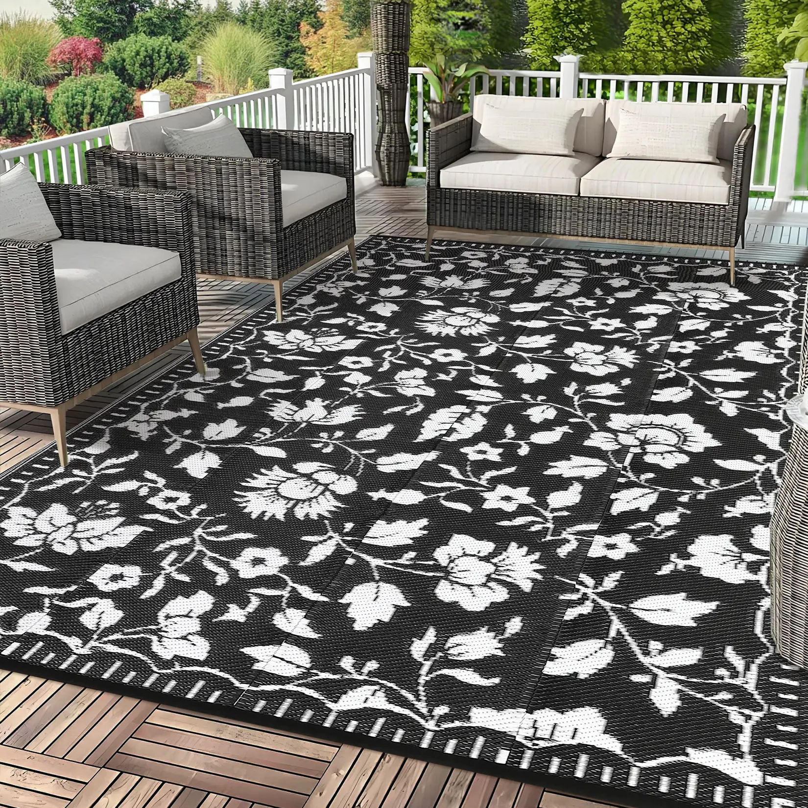 Waterproof Reversible Outdoor Patio Rug, Collapsible Plastic Straw Carpet, UV Resistant, Portable, Lightweight, Easy Care – Ideal for RV, Deck, Backyard, Beach, Camper, Vintage Floral Design