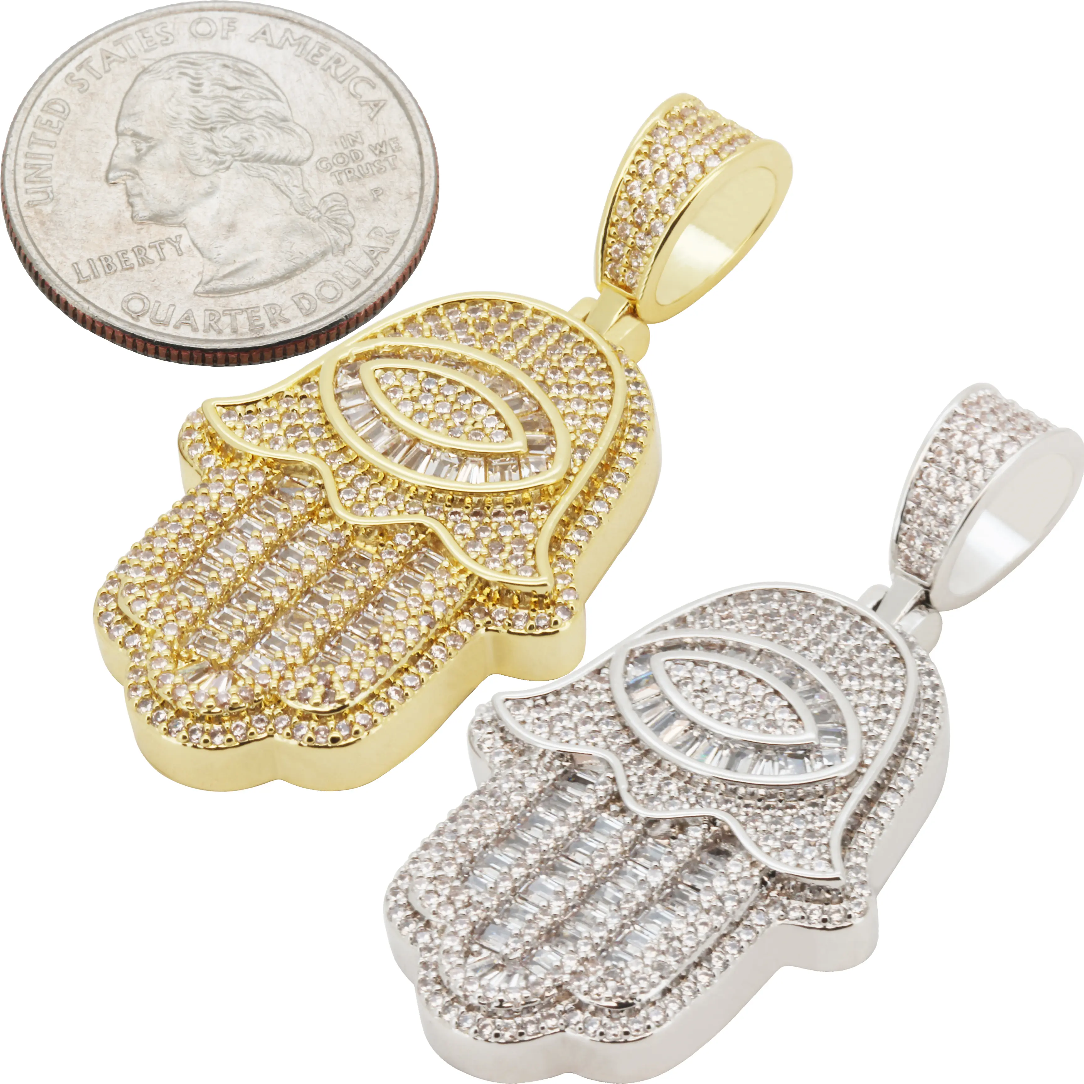 14k Yellow/White Gold Plated AAA Cubic Zirconia Evil Eye Hamsa Hand Pendant