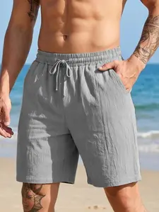 Men's Casual Plain Linen Shorts, Summer 2026 New Arrival, Elastic Drawstring Waist, Comfort Breathable Beach Shorts