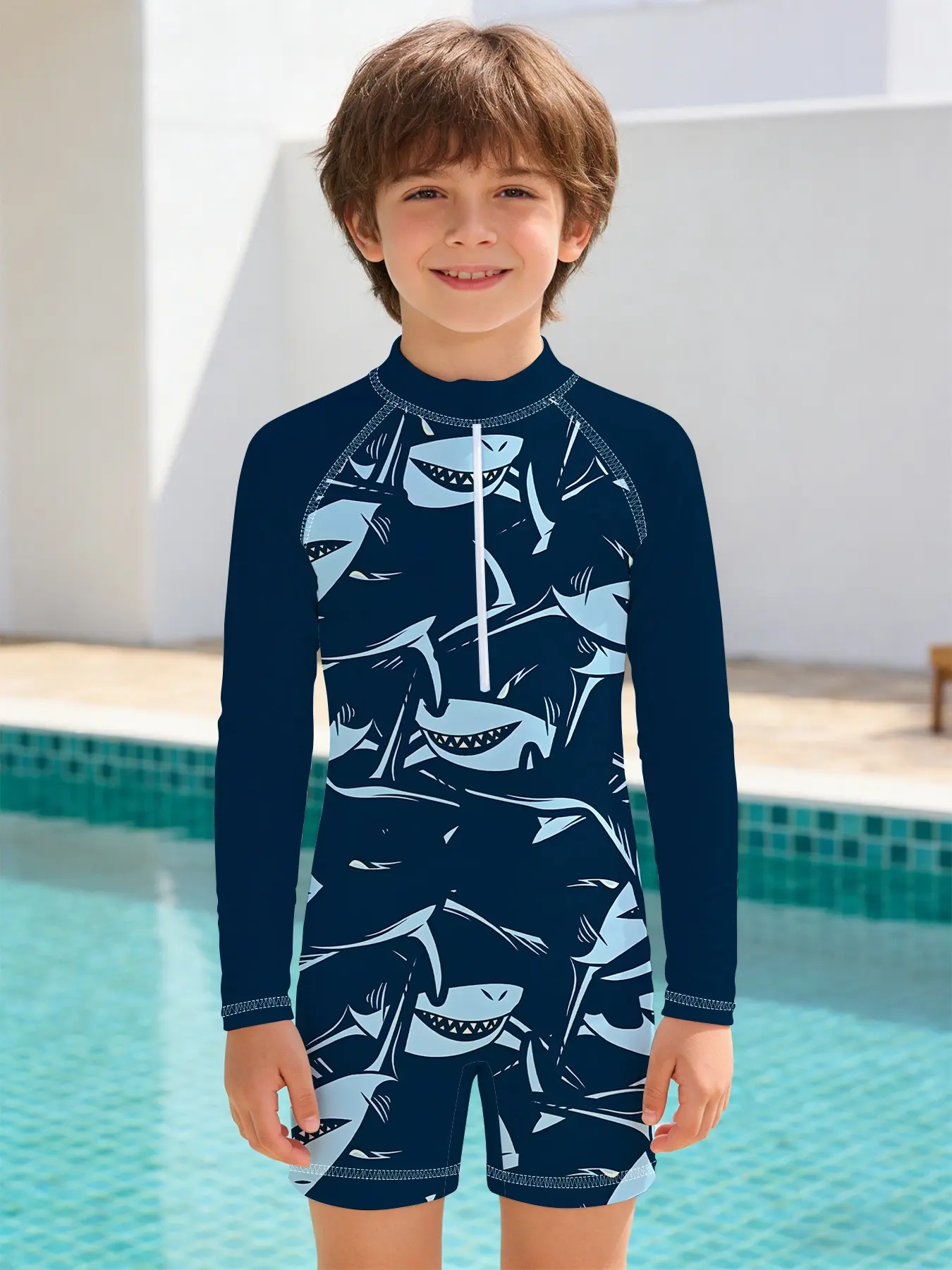 Boys' one-piece swimsuit Deep Sea Shark Cool Style features long-sleeved front zipper design, skin-friendly, quick-drying, sweat-free, suitable for seaside vacations, pool play, summer hot spring outings, Childrens swimwear