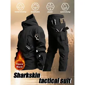 Men's Winter Softshell Jacket and Tactical Cargo Pants Set, Windproof and Tear-Resistant, Hooded with Zipper and Multi-Pocket Design, Suitable for Hiking and Snowy Outdoor Winter Sports| Hooded jacket Zipper jacket