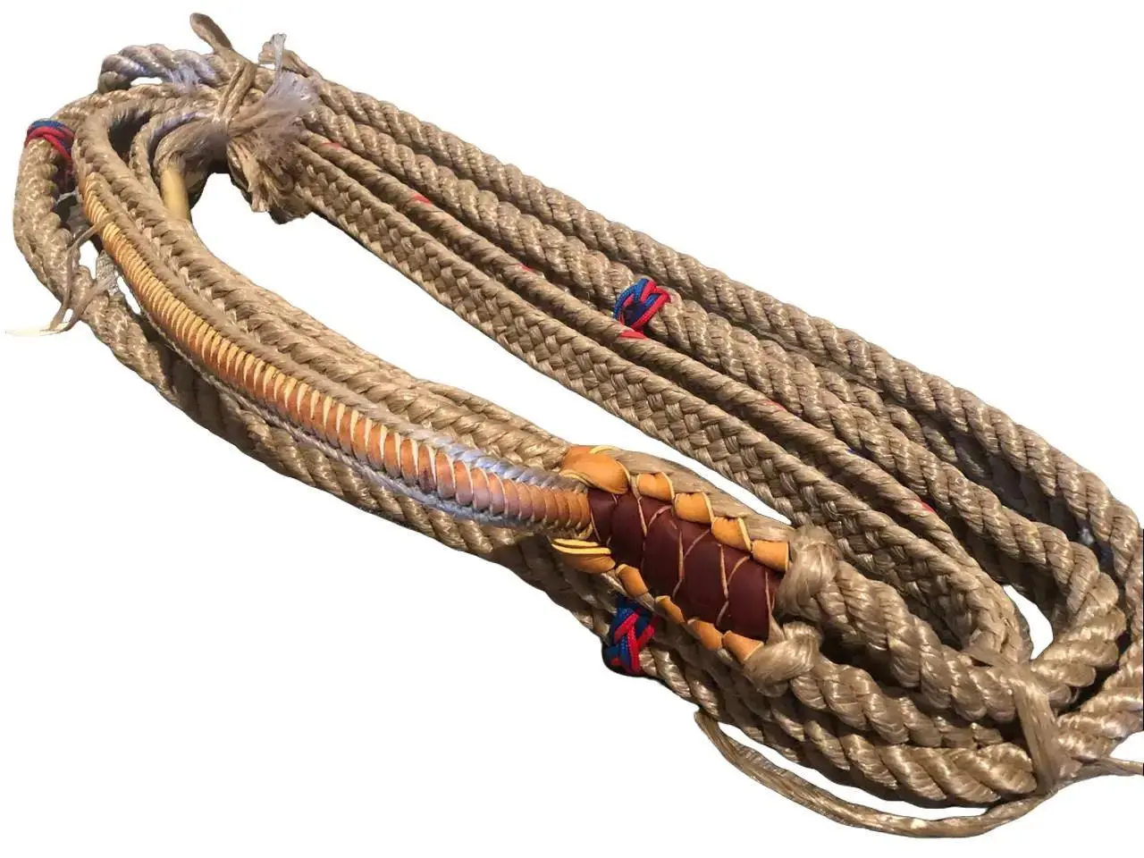 EPT Bull Ropes Custom PRO 9/7 LH - Tan Poly & Burgundy Leather 16' Handmade A++ Craftsmanship Rodeo Bull Rope with 60 Day Warranty
