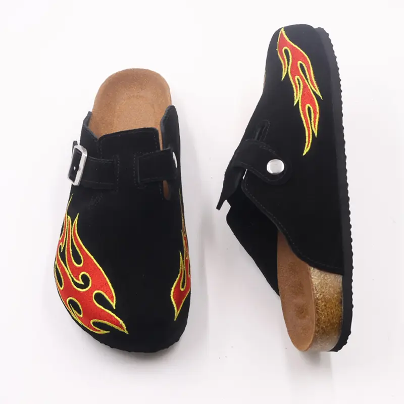 Men's Flame Embroidered Suede Clogs - Y2K Street Style Slip-On Mules, Comfort Cork Footbed, Adjustable Buckle, Non-Slip Casual Shoes for Men