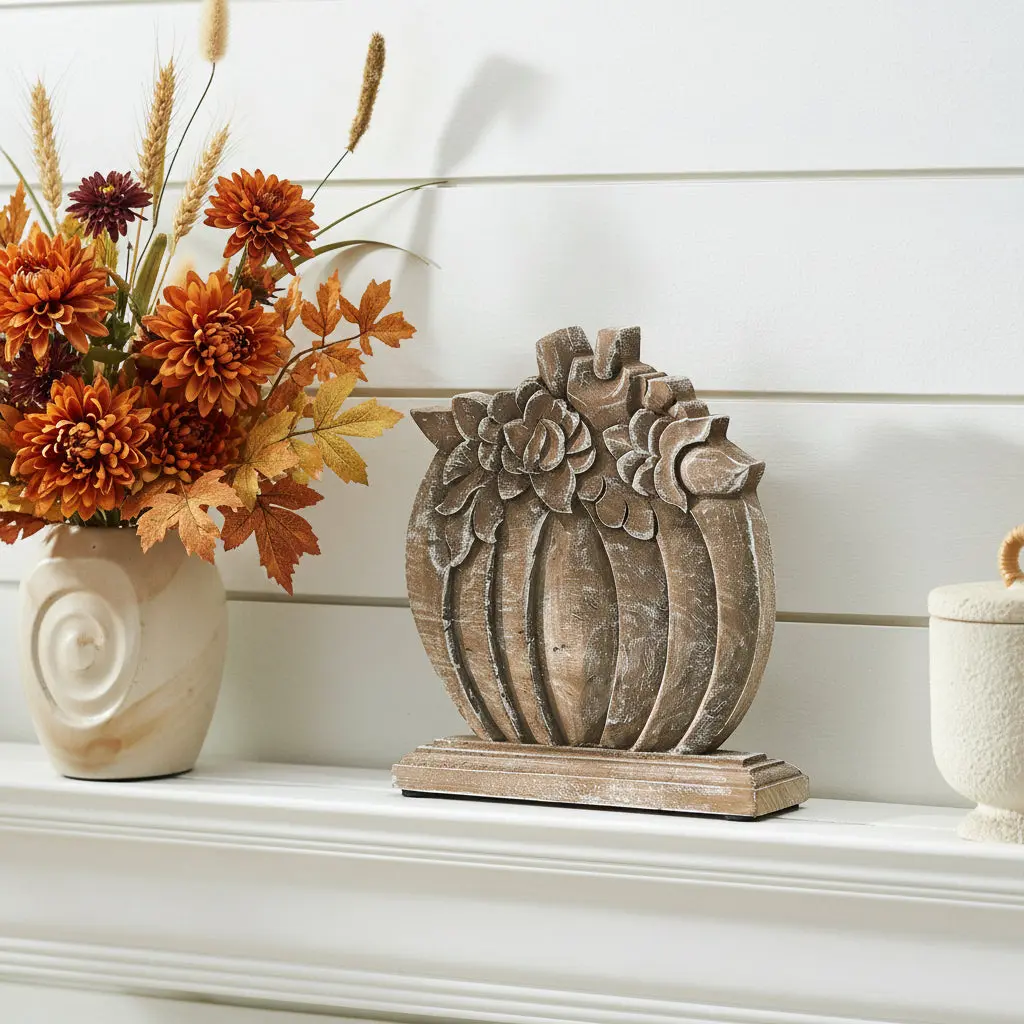 Floral Crown Carved Wooden Pumpkin