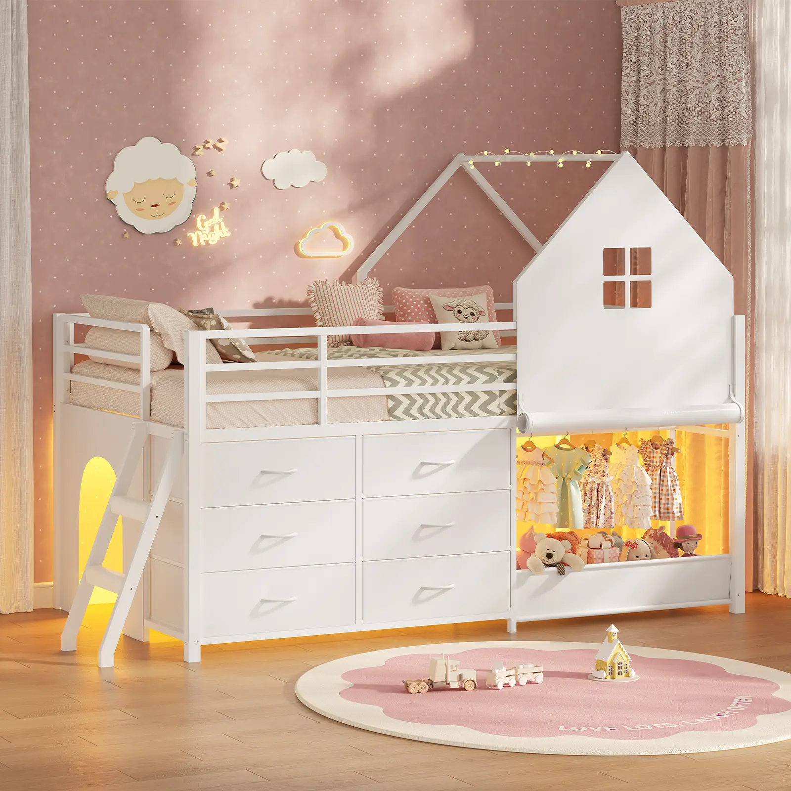 Twin Size Loft Bed with Clothing Rack & Toy Storage Box, Metal Low Loft Bed with LED Light, 6 Drawers, Safety Guardrail, Inclined Ladder, House Bed Frame with Under-Bed Play Zone, White