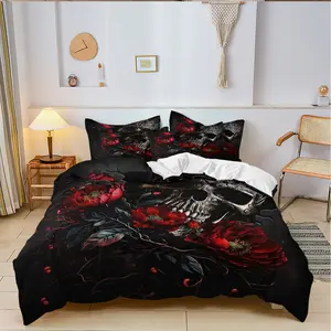 3-Piece Skull Rose Bedding Set, Valentine's Day Quilt Cover + 2 Pillowcases, High-Definition Print, All-Year Home Decor, Decorative Bedding Set, Bed Sets