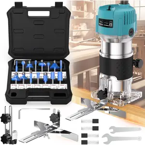 Router Tool, 110V 800W Compact Palm  Router Tool for Woodworking, Electric Hand Trimmer 1/4" Collets Woodworking Tool Laminate Trimmer + Tungsten Carbide Router with 15 count Router Bits