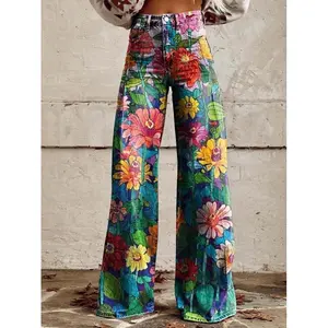 2025 Women's New High-Waisted Wide-Leg Printed Flared Pants - Casual Baggy Long Jeans for Fall, Denim Fashion straight leg jeans Can be used with raincoat