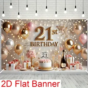 2D Flat 21st Birthday Party Banner cm Polyester Backdrop with Golden Pink Glitter Balloons Champagne Cake Gift Boxes Design for Celebrations Decorations