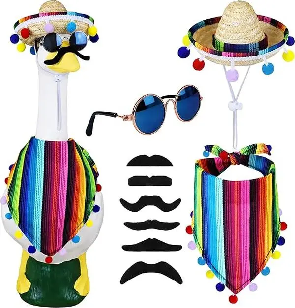 23IN Mexican Porch Goose Outfits Cinco De Mayo Lawn Goose Costume with Mexican Sombrero Bandana Scarf Beard Glasses Statue Yard Decor