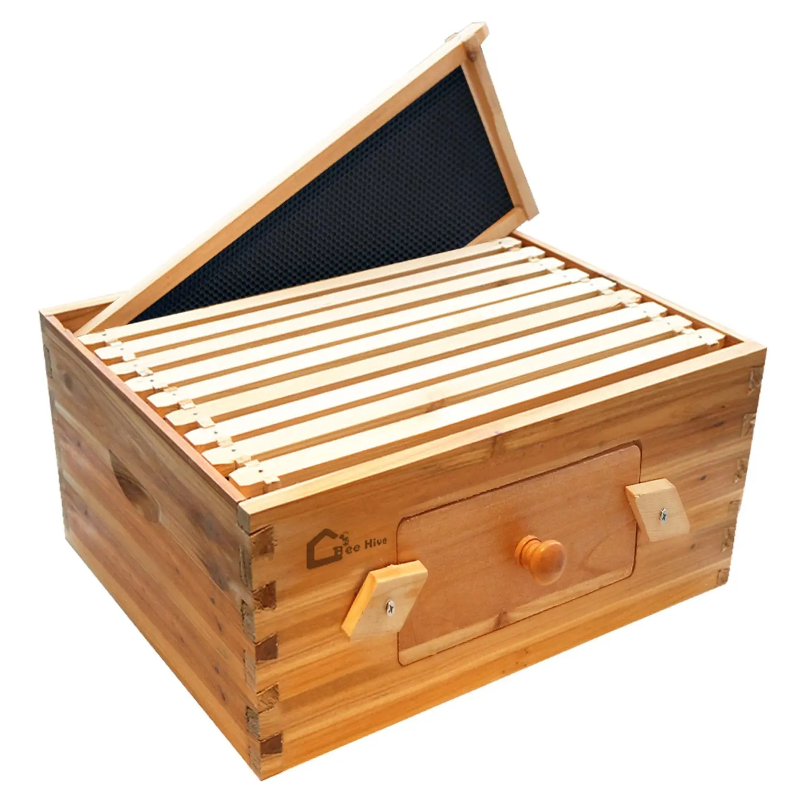 10 Frame Deep Brood Box with Acrylic Windows, 100% Beeswax Dipped Langstroth Hive – Includes Frames & Wax Foundations