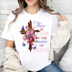 Religious Floral Cross Women's T-Shirt There Is Power In The Name Of Jesus Christian Faith Design Spring Summer Casual Wear Gift For Believers And Faithful Friends