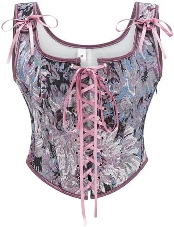 Renaissance Boned Body Shaper,Corset for Women Floral Lace Up Renaissance Overbust Corset Bodice Vest