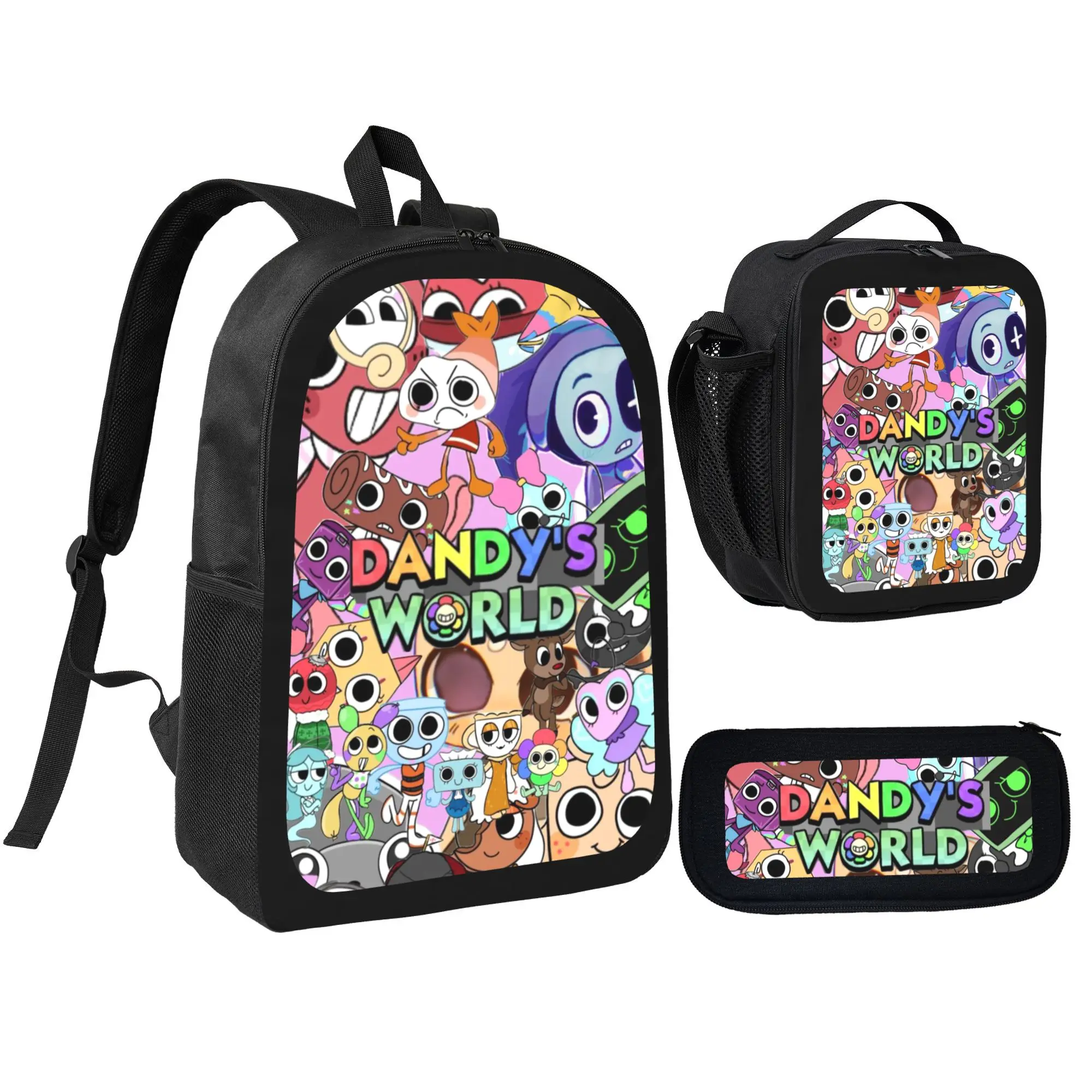Dandy's World Printed 3in1 School Bag Set, Insulated Thermal Lunch Bag + Big Pencil Case Combo, Breathable Strap Travel Daypack Backpack for Kids Boys and Girls