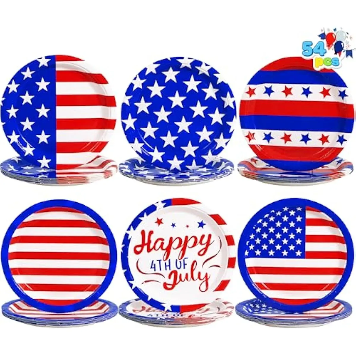 54 Pcs July 4th Paper Plates, 9" Patriotic Disposable Plates with 6 Themed Designs, Red White Blue American Flag Party Supplies, 4th of July Independence Day Party Tableware Decoration Supply