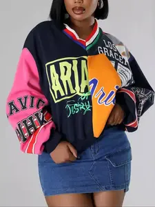 Women's Colorblock Letter Print Drop Shoulder Pullover, Fashion Casual V Neck Long Sleeve Sweatshirt for Daily Outdoor Wear, Women Fall & Winter Clothes, Womenswear