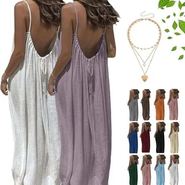 Women's Drapey Solid Maxi Dress, Pleated Backless Cami with Adjustable Spaghetti Straps, Vacation Beach Cover Up