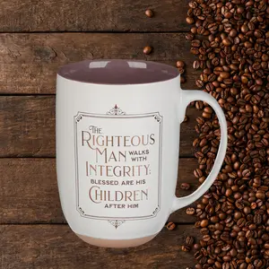 Righteous Man White and Gold Ceramic Coffee Mug with Exposed Clay Base - Proverbs 20:7